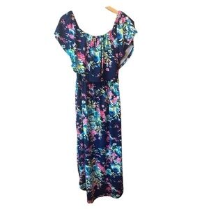 Verabendi Sleeveless Off Shoulder Navy Floral Print Maxi Dress Side Slit M